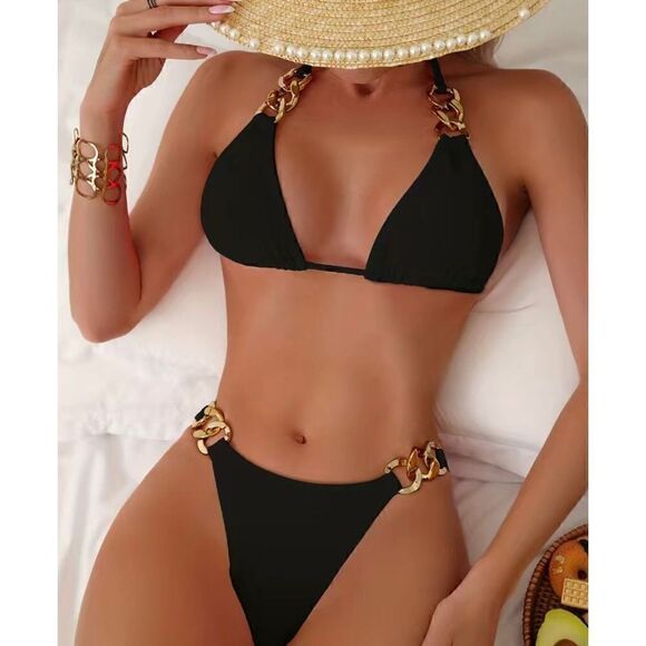 NEW SZ XL Woman’s Black V-Neck Tie Back Gold Ring Link Bikini - Picture 6 of 6